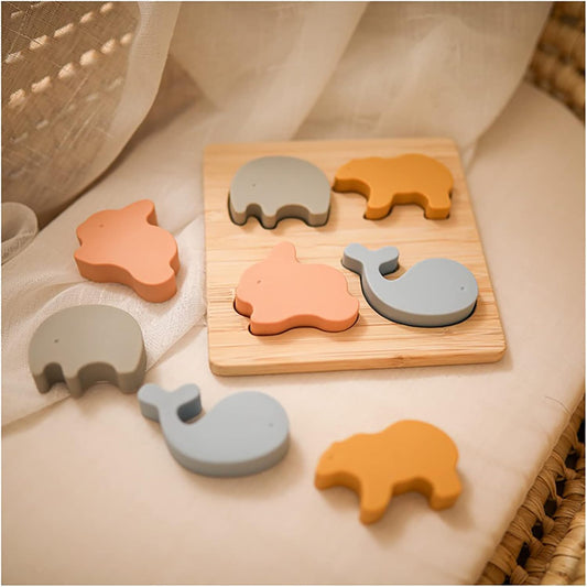 木製どうぶつ形合わせパズル|竹台座&やわらかシリコンピース