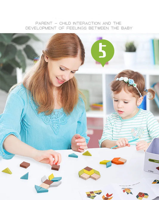 親子でタングラムピースを並べて遊ぶイメージ