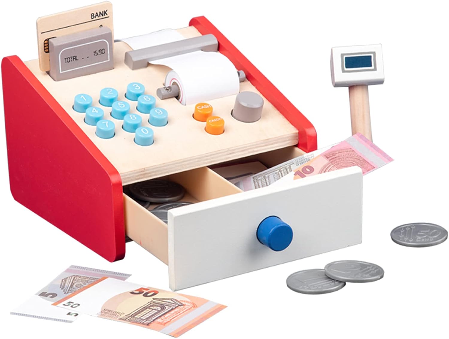 木製おもちゃレジ本体と付属品のセット正面カット