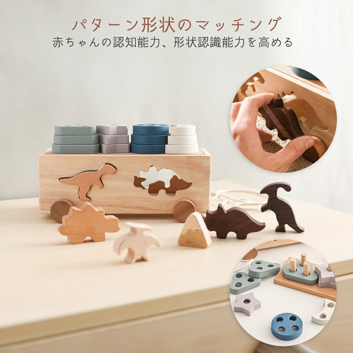 台座と恐竜型の型はめ全体が見える正面
