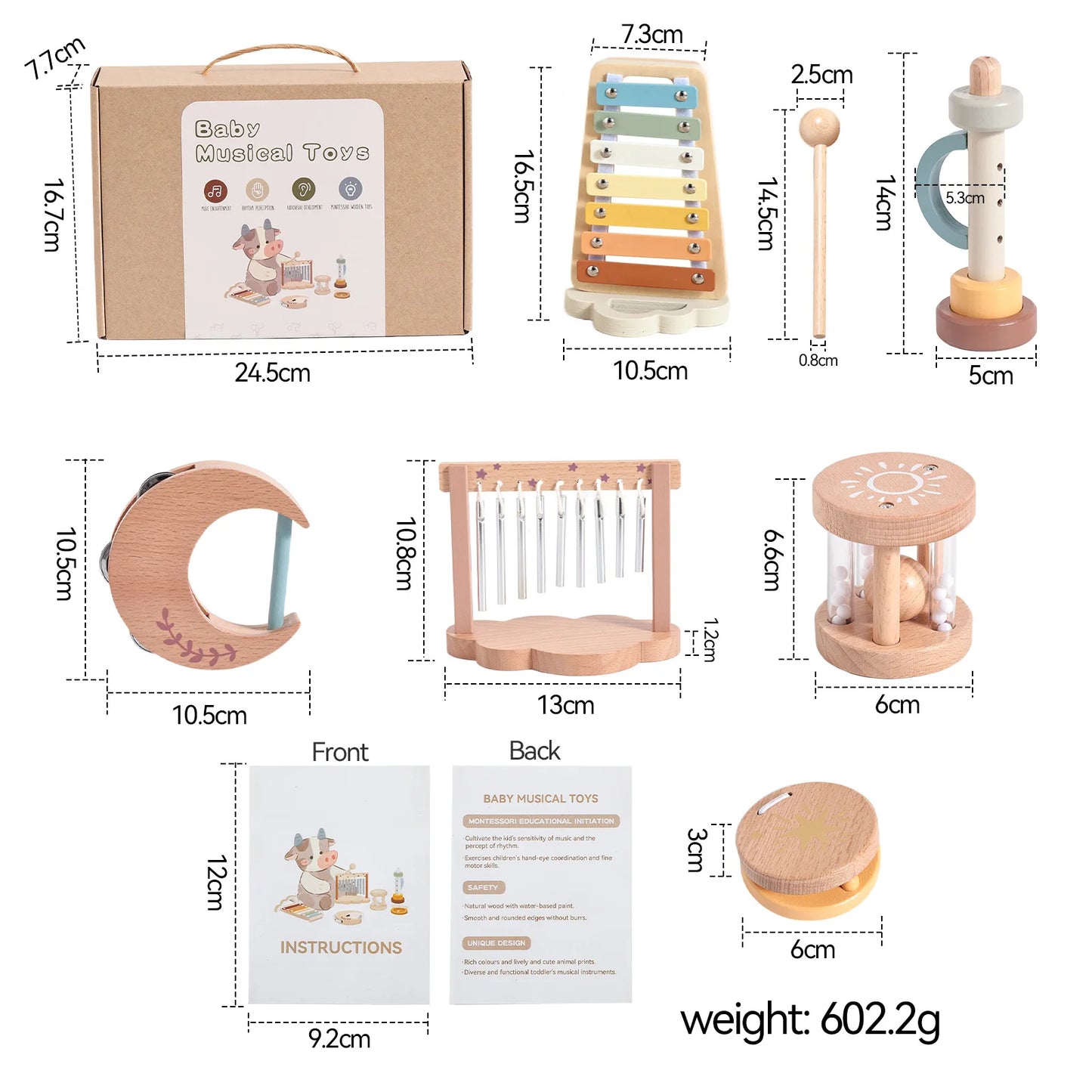 セット全体の木製ベビーラトルサイズ